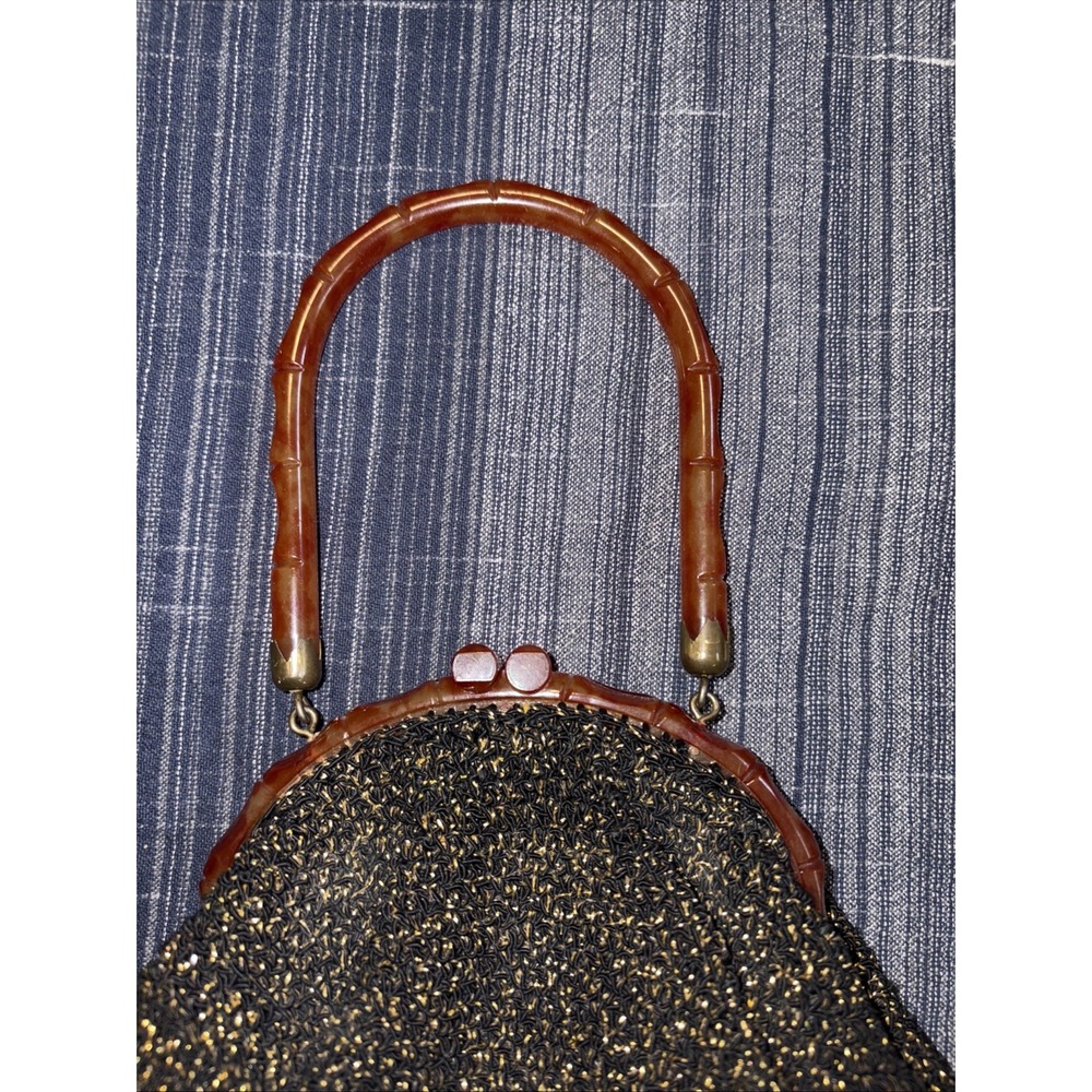 Vintage Bakelite Black Gold Purse‎ Handbag Bakelite Handle Mcm - Picture 3 of 4
